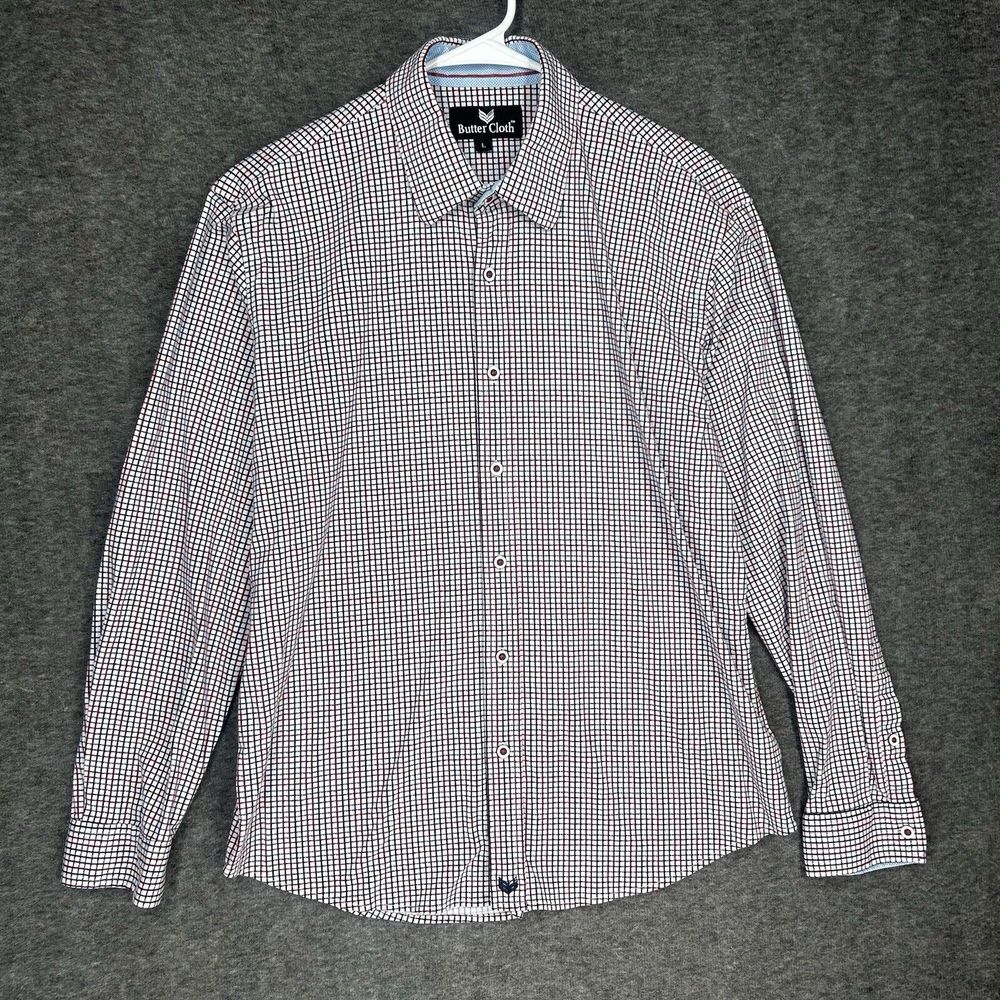 Butter Cloth Shirt‎ Mens Large White Blue red Checked Button Up Geometric Preppy